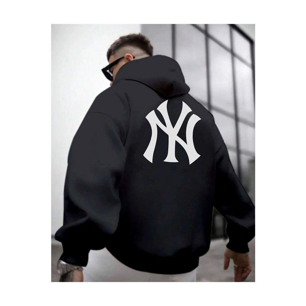 S&A DESIGN Yeni Sezon Içi Pamuklu Erkek Siyah Ön Arka Ny Baskılı Kapüşonlu Oversize Sweatshirt L Beden Bayan Sweatshirt Fiyatı