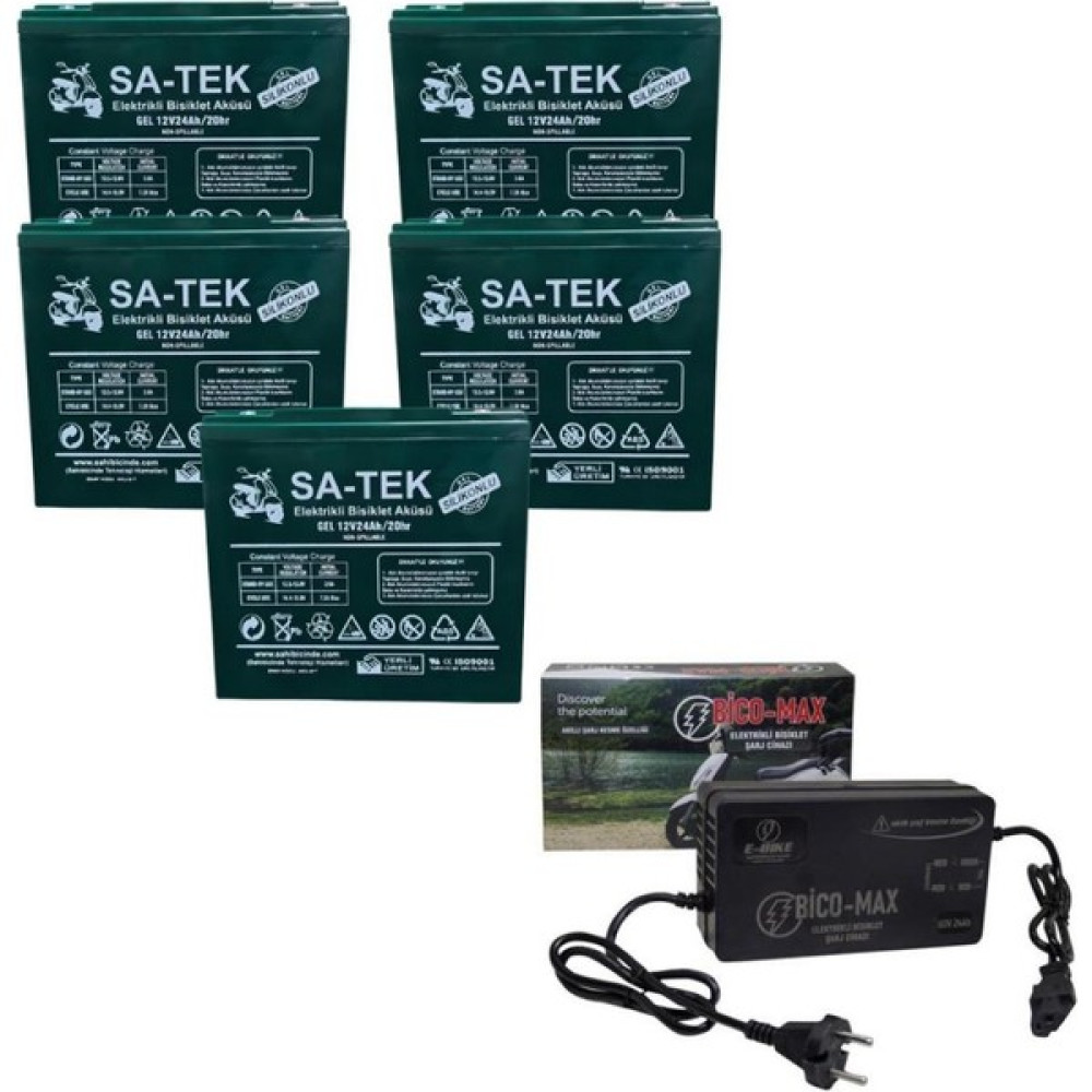 Sa-Tek 5'li Set 12V 24 Ah Elektrikli Motosiklet Aküsü ve Bico-Max 60V 24AH Elektrikli Bisiklet Şarj Aleti Set Akü Fiyatı