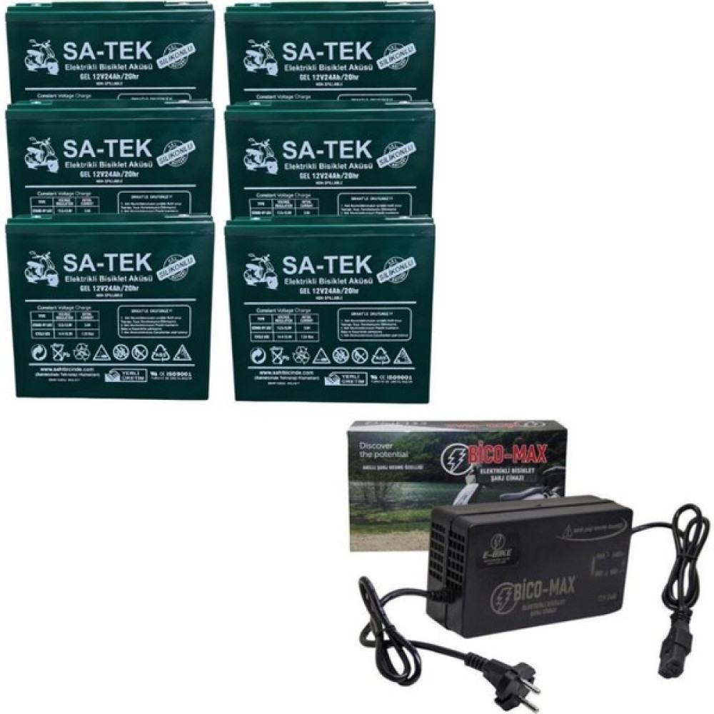 Sa-Tek 6'li Set 12V 24 Ah Elektrikli Motosiklet Aküsü ve Bico-Max 72V 24AH Elektrikli Bisiklet Şarj Aleti Set Akü Fiyatı