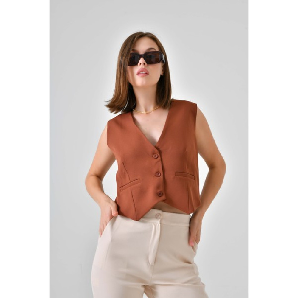 Saade Kahverengi Cep Detaylı Pensli 3 Düğme Kapama Astarlı Yelek Kadın Yelek Fiyatı