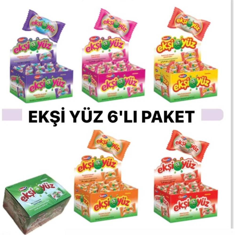 SaAdet Ekşi Yüz 100 Adet x 6 Paket (Tutti Fruitsi,boğürtlen,çilek,kola,portakal,karpuz) Şekerleme Sakız Fiyatı
