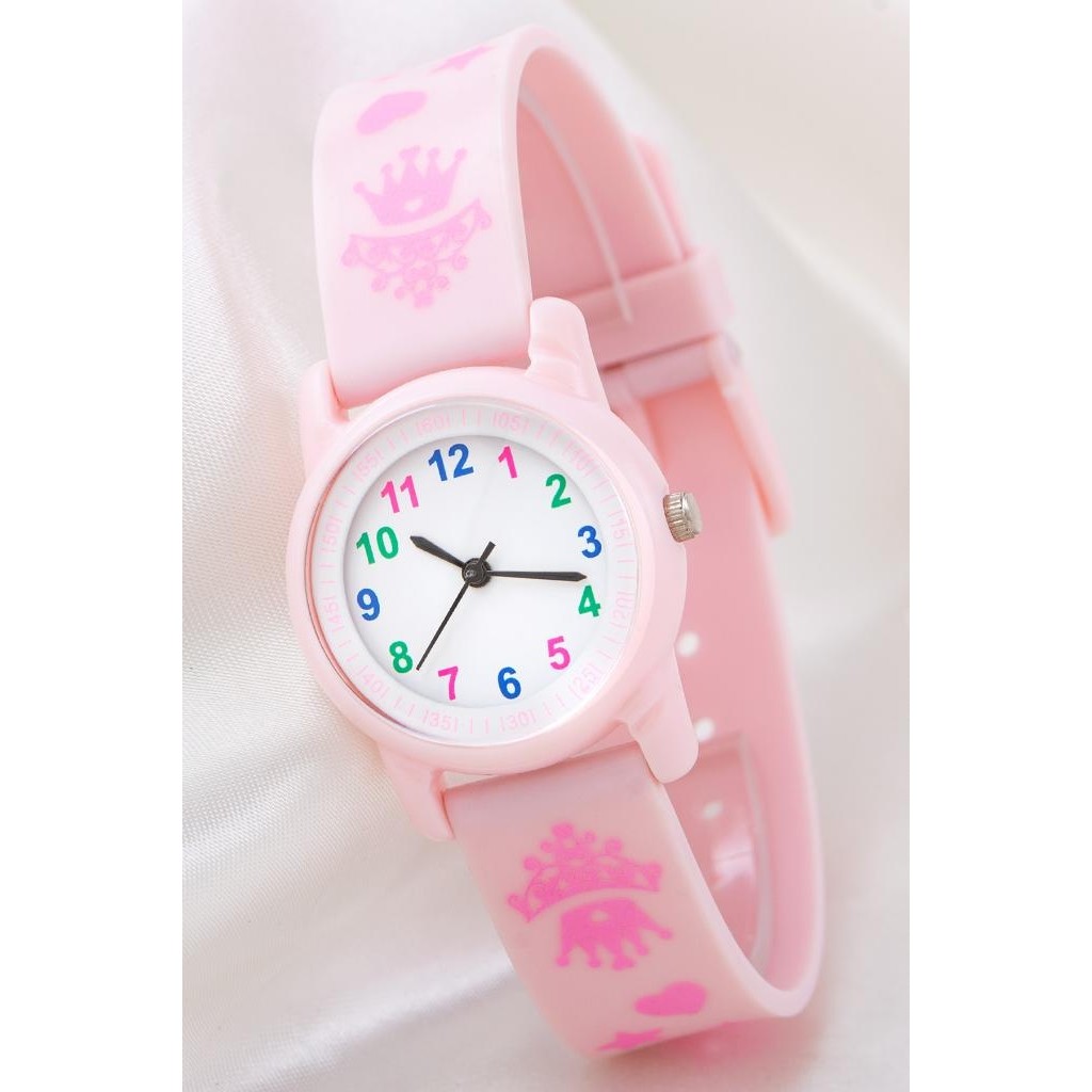 Saattino Yeni Model Toz Pembe Kalpli Prenses Tacı Analog 6-13 Yaş Kız Çocuk Kol Saati ST-304187 Kol Saatleri Fiyatı