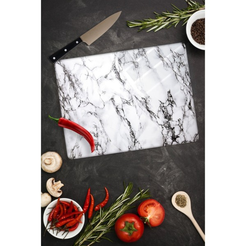 Saban 30x40 cm Beyaz Mermer Desenli Cam Kesim Tablası Kesme Tahtaları / Kesim Tablaları Fiyatı