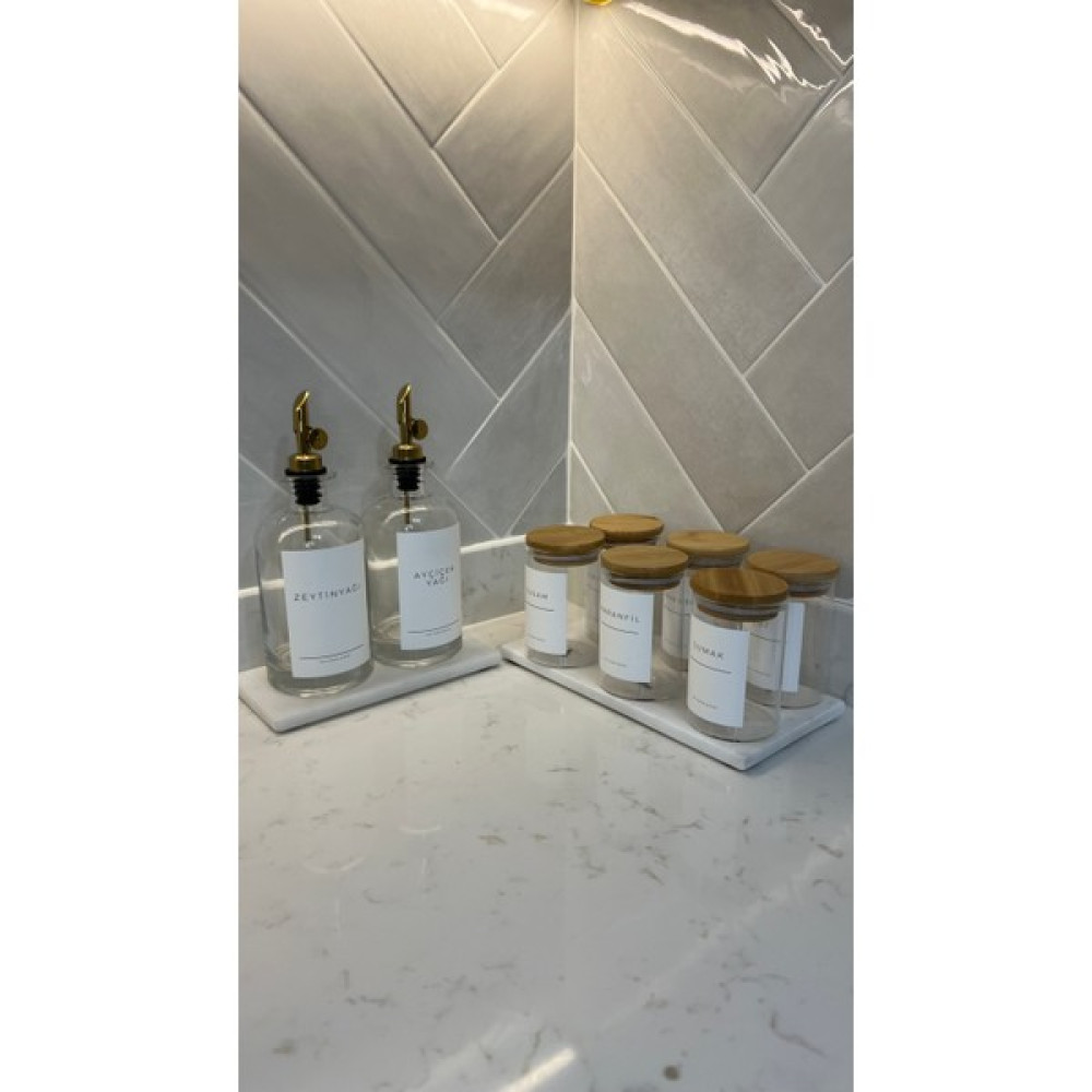 Sade Hediye 2'li Cam Mermer Stantlı Yağdanlık/6'lı Mermer Stantlı Bambu Kapaklı Etiketli Baharatlık - Ahşap - 300 ml Baharat Setleri & Baharatlıklar Fiyatı