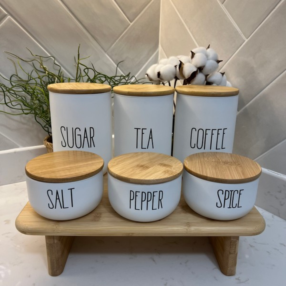 Sade Hediye 3'lü (Üçlü) Bambu Kapaklı Ahşap Standlı Çay/kahve/şeker ve 3'lü (Üçlü) Bambu Kapaklı Tuz/biber/baharatlık Takımı - Beyaz - 1 lt Baharat Setleri & Baharatlıklar Fiyatı