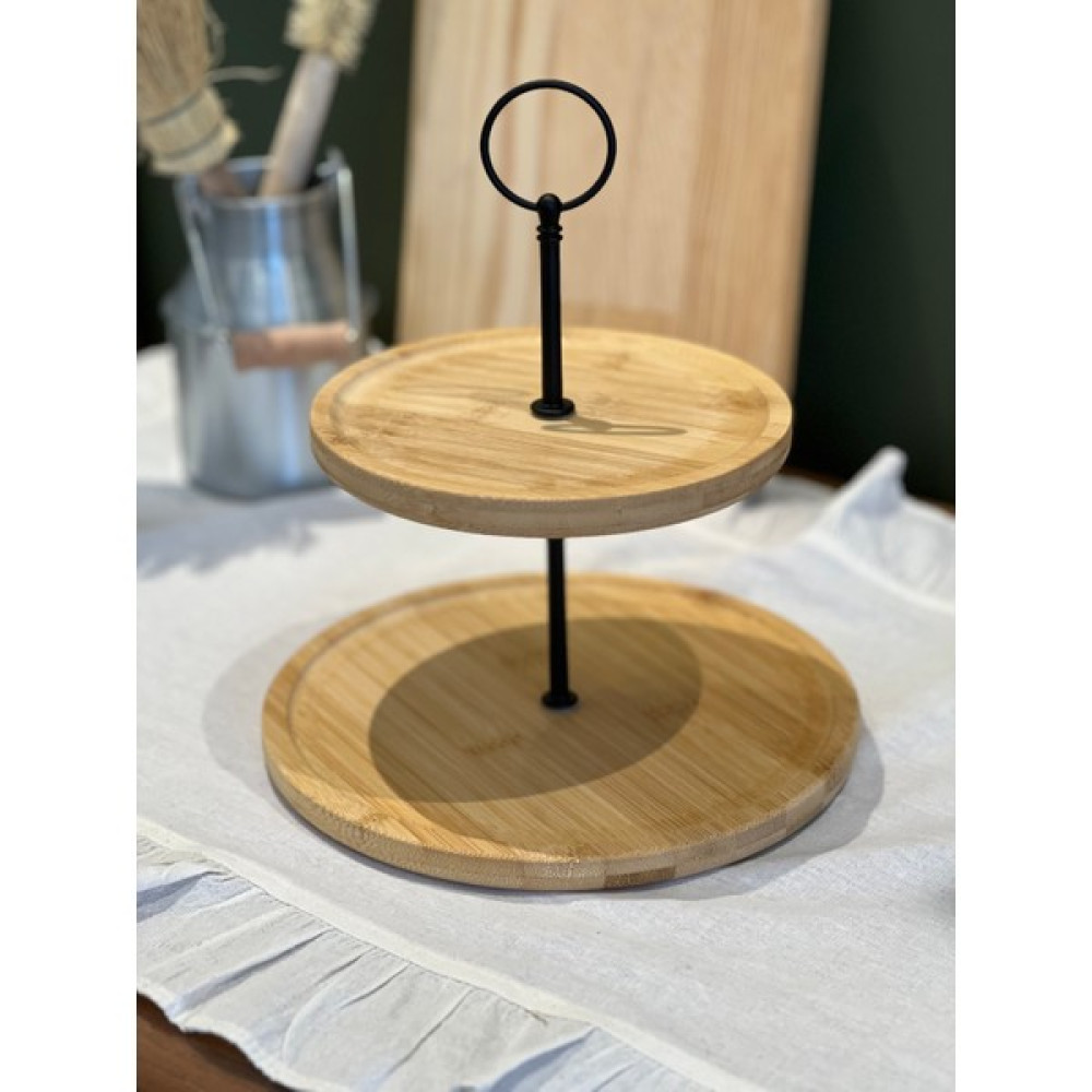 Sade Hediye Bambu 2 Katlı Metal Detaylı Servis Tabağı/Bambu 2 Katlı Sunumluk/Organizer Kurabiyelik Mutfak Gereçleri Fiyatı