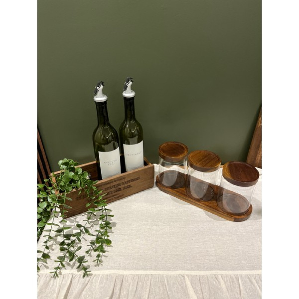 Sade Hediye Ikili Yağdanlık/dekoratif Ahşap Kutu/okaliptüs Çiçek/üçlü Stantlı Baharatlık - Ceviz - 750 ml Baharat Setleri & Baharatlıklar Fiyatı