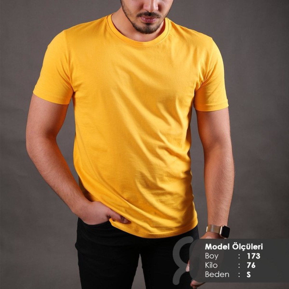 Sade Renk Sarı Basic T-Shirt Erkek T-shirt Fiyatı
