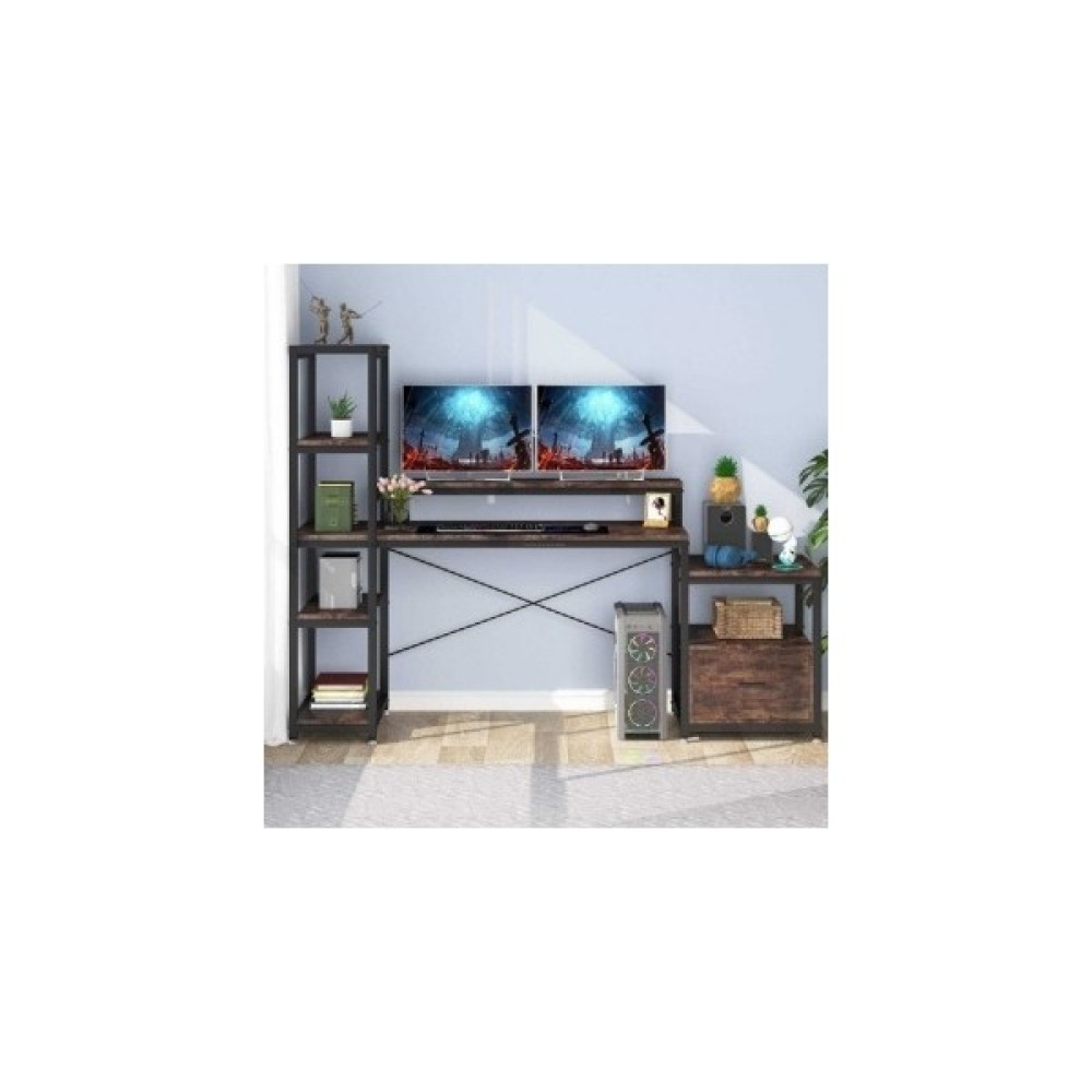Sadece Onda Raflı ve Kitaplıklı Çalışma Masası - 200 x 60 x 200 cm - Ceviz Çalışma Masası Fiyatı