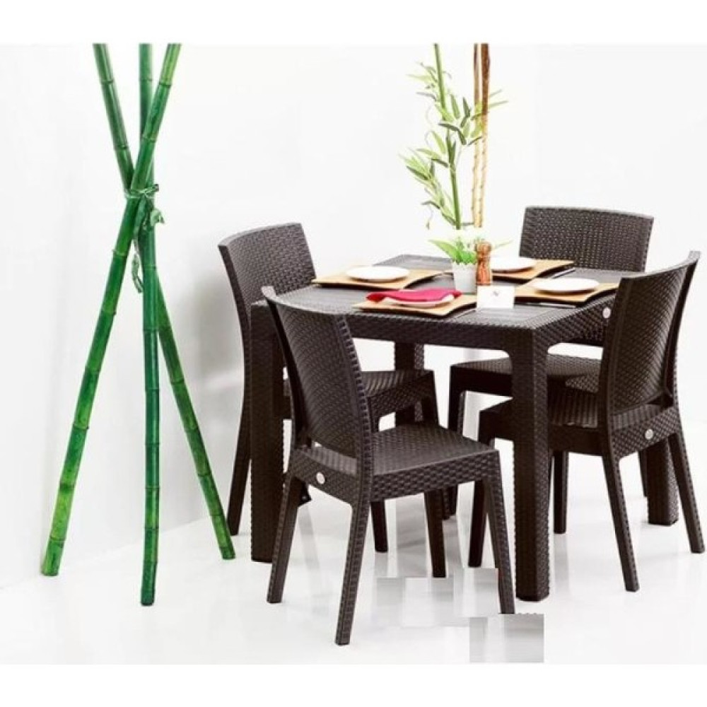 Sadık Plastik Rattan Kahve Masa Takımı 90*90 Camlı Masa 4 Adet Kolsuz Zeugma Rattan Sandalye - Kahverengi Bahçe Masası Fiyatı
