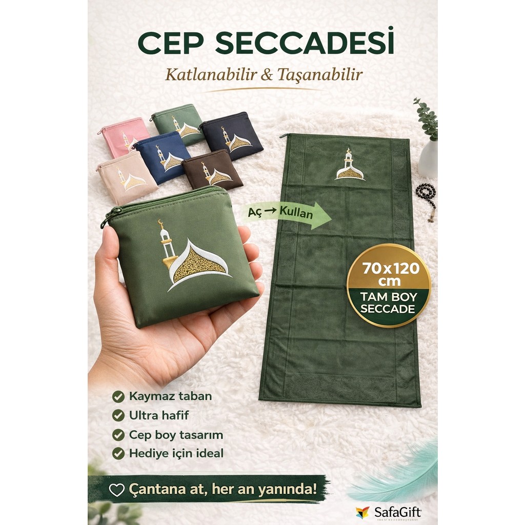 Safa Gift Kaliteli Taşınabilir Ergonomik Cep Boy Seccade, Fermuarlı Portatif Cep Seccadesi,seyahat Boy Seccade - Zümrüt Yeşili Seccade Fiyatı