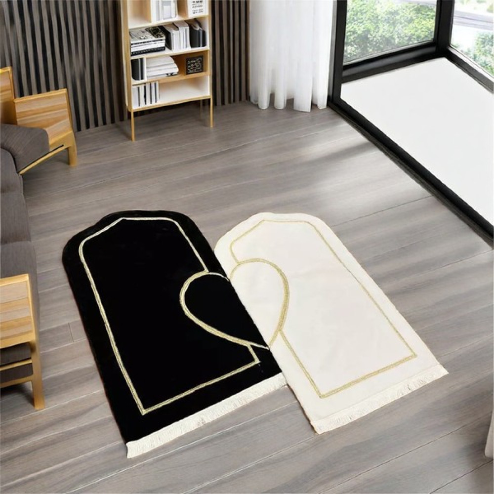 Safa Gift Kalpli Çift Seccadesi Kalın Peluş Kumaş Gold Işlemeli Çeyizlik Seccade - 110 x 75 cm - Siyah - Beyaz Seccade Fiyatı