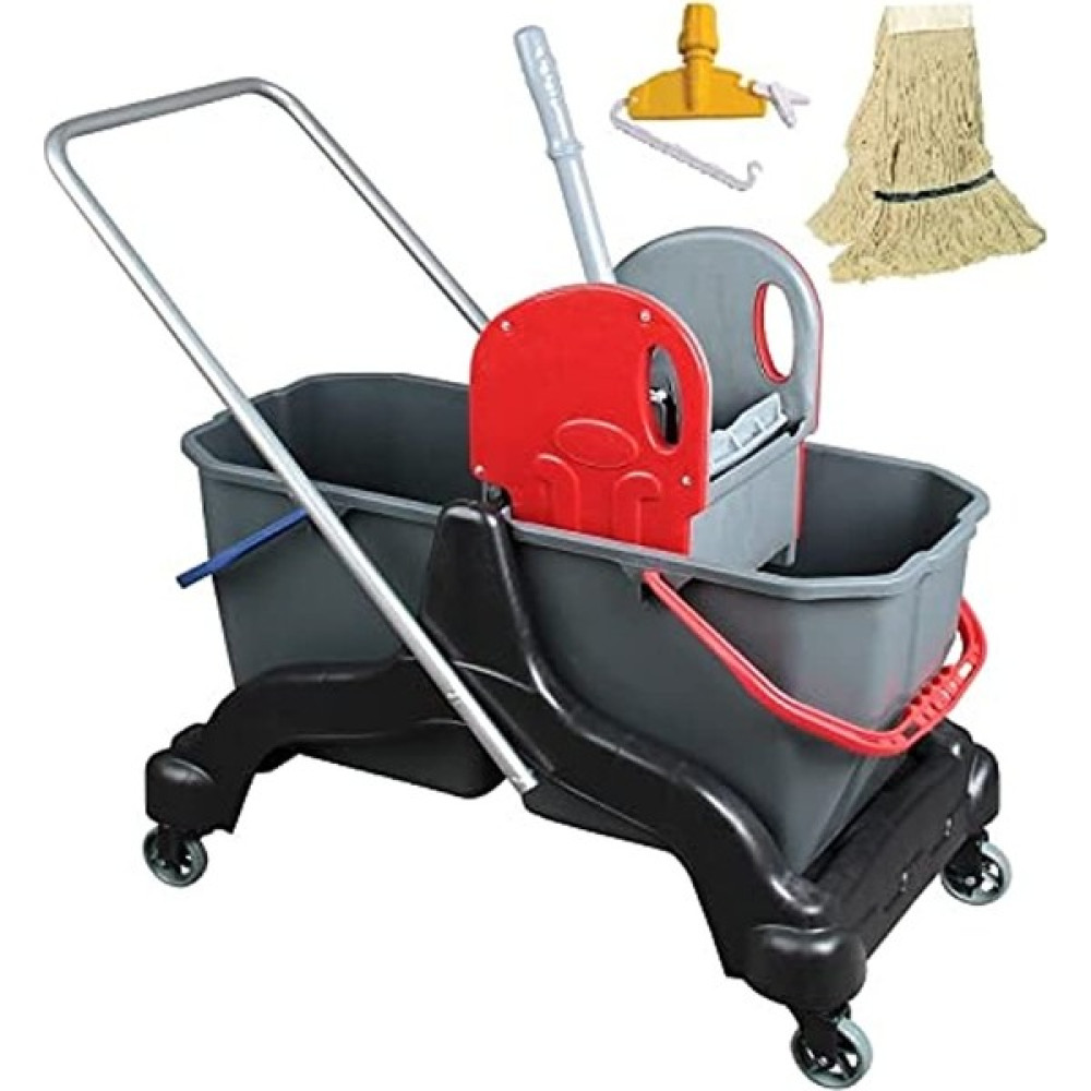 Safell Çift Kovalı Temizlik Arabası - Temizlik Seti Mop ve Aparatı - 3 Parça Paspas Arabası - 20 Litre - Siyah - Gri Temizlik Malzemeleri Fiyatı