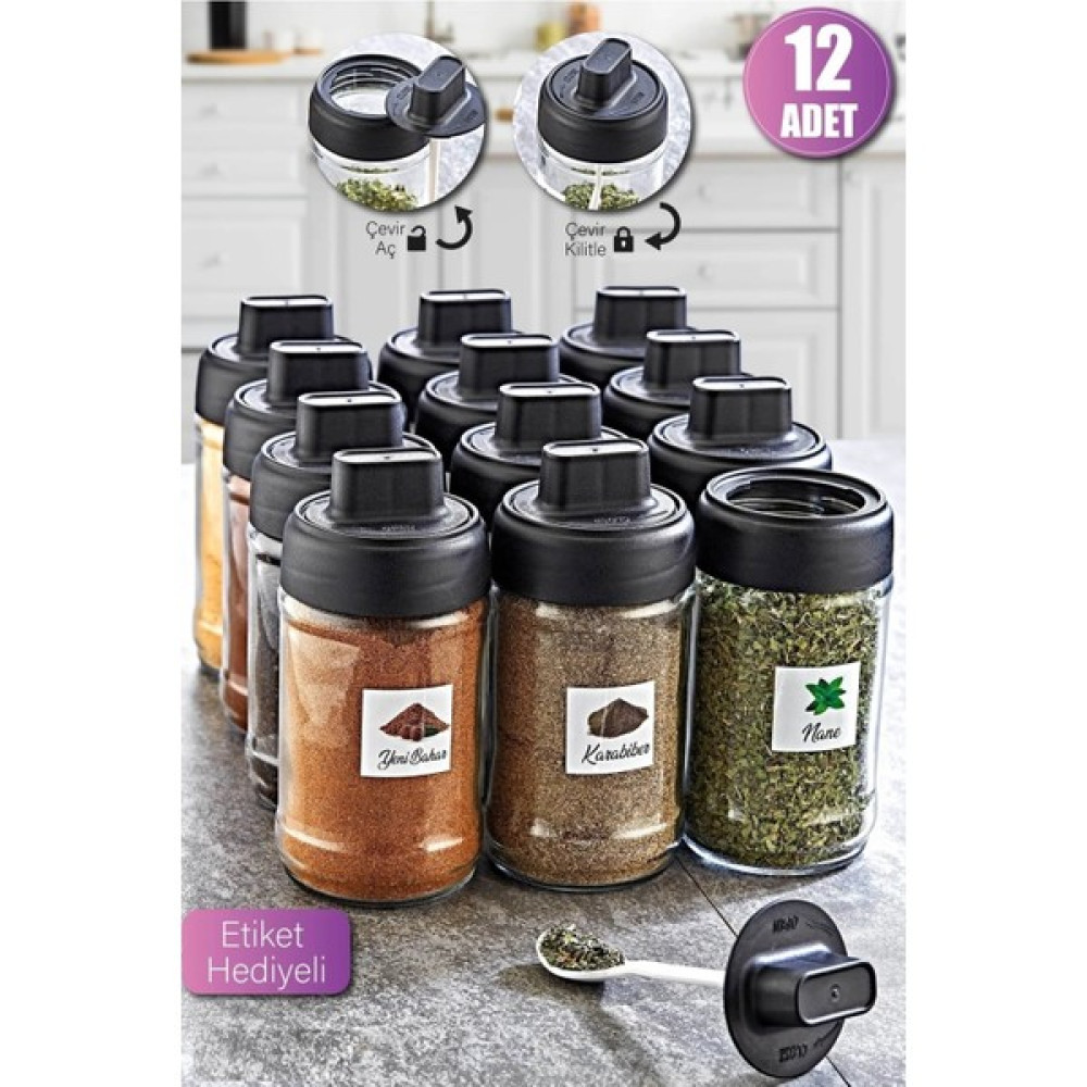 Safestore Kilitlenebilir Kapaklı Kendinden Kaşıklı ve Etiketli Baharatlık Seti 300 ml 12 Adet Baharat Setleri & Baharatlıklar Fiyatı