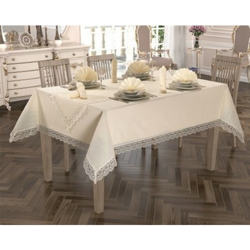 Safir Home Collection Jute Linen Simli Keten Masa Örtüsü Takımı 12 Kişilik 26 Parça - Krem Rengi - 160 x 220 cm Masa Örtüsü Fiyatı
