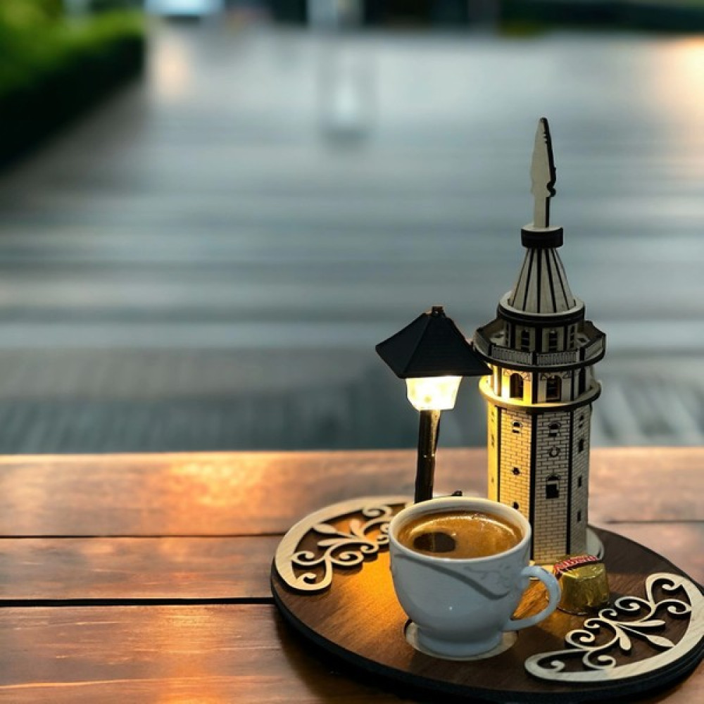 Şah Mat Galata Kuleli ve Işıklı Desenli Türk Kahvesi Sunumluk Servis Tepsisi Fiyatı