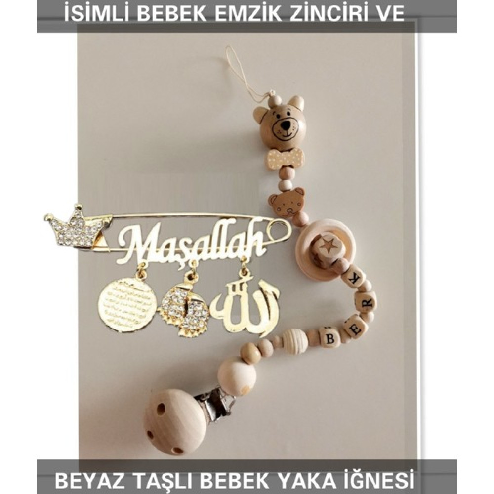 Sahi Aksesuar Isimli Bebek Emzik Zinciri ve Beyaz Taşlı Bebek Yaka Iğnesi - Renkli Bebek Beslenme Gereçleri Fiyatı