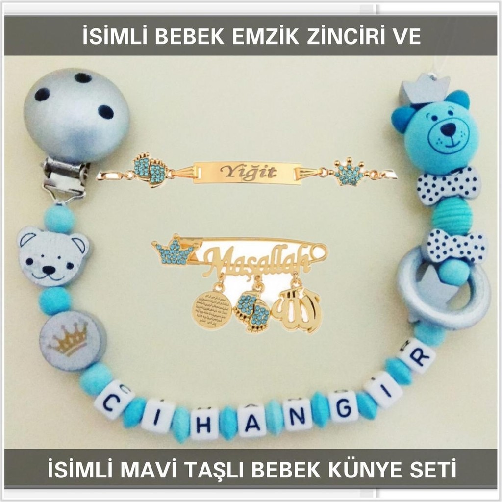 Sahi Aksesuar Isimli Bebek Emzik Zinciri ve Isimli Bebek Künye Seti BEZYI737 - Mavi Emzik Fiyatı