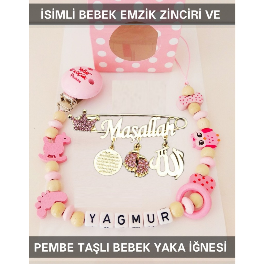 Sahi Aksesuar Isimli Bebek Emzik Zinciri ve Pembe Taşlı Bebek Yaka Iğnesi Emzik Fiyatı