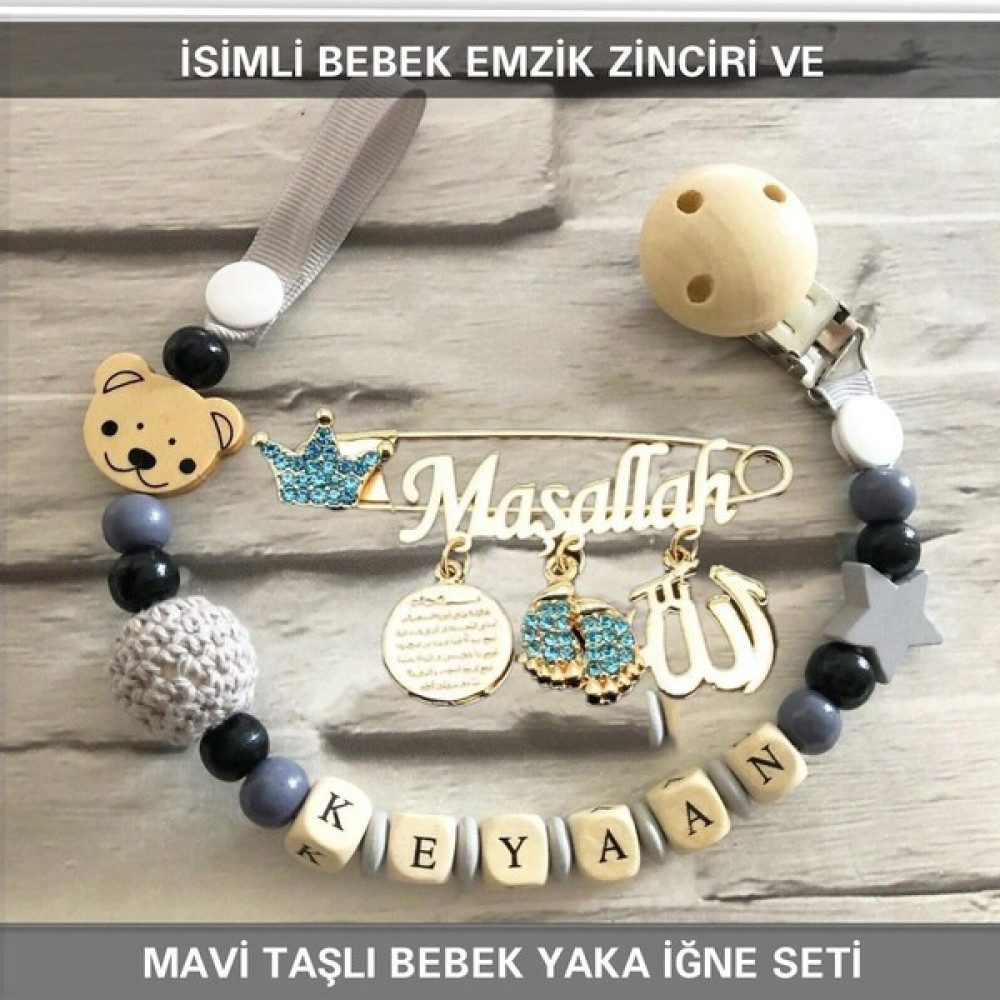 Sahi Aksesuar Isimli Emzik Zinciri ve Isimli Yaka Iğnesi Seti BEZYI395 - Mavi Bebek Beslenme Gereçleri Fiyatı
