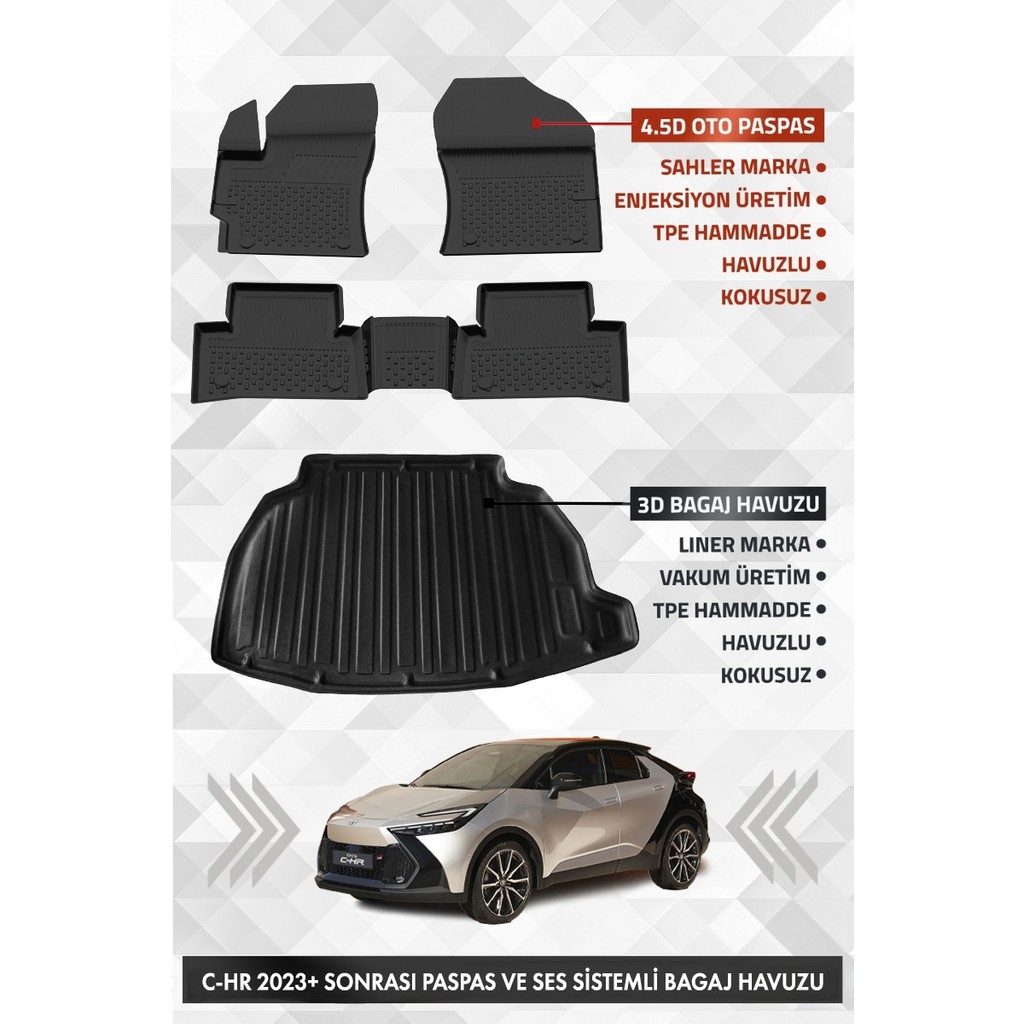 Sahler Toyota C-Hr 2 2023+ Uyumlu 4.5d Premium Havuzlu Oto Paspas ve Liner Marka 3D Ses Sistemli Bagaj Havuzu - Standart - Siyah Araca Özel Paspaslar Fiyatı