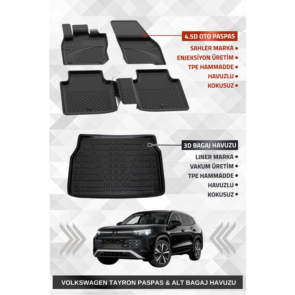 Sahler Volkswagen Tayron 2024+ Uyumlu 4.5d Premium Havuzlu Oto Paspas ve Liner Marka 3D Alt Bagaj Havuzu - Siyah Araca Özel Paspaslar Fiyatı