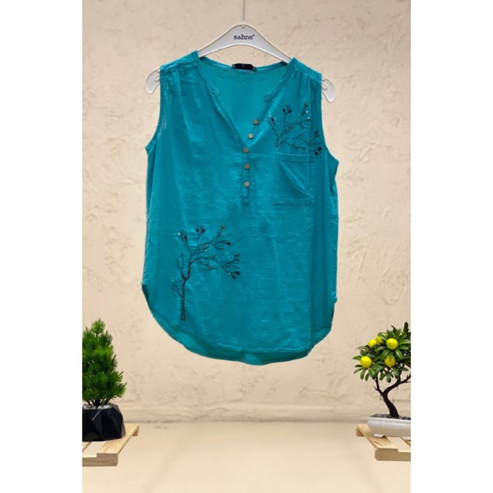 Sahne Moda Sahnemoda Nakışlı Kolsuz Yıkamalı Keten Bluz Bluz Fiyatı