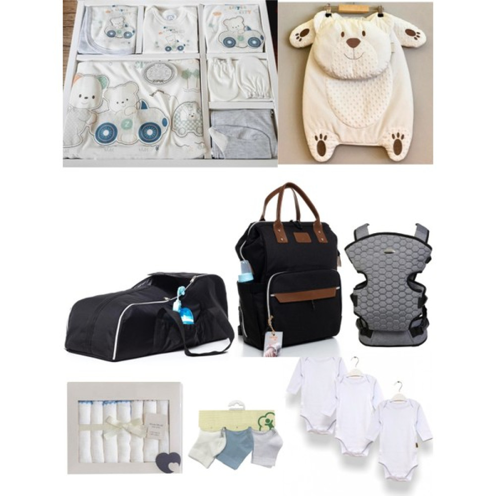 Sahra Bebek 8 Parça Bebek Çantası ve Doğum Seti(Çanta,kanguru,portbebe,hastane Çıkış,alt Açma,body,mendil,çorap) - Mavi - Krem - Siyah Bebek Bakım Çantası Fiyatı
