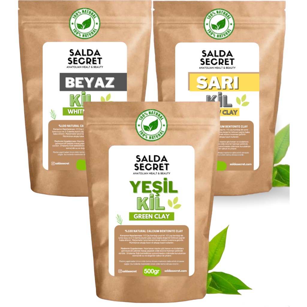 Salda Secret Yeşil Kil 500 gr + Beyaz Kil 500 gr + Sarı Kil 500 gr - Doğal Yüz Maskesi Toz Maskeler Fiyatı
