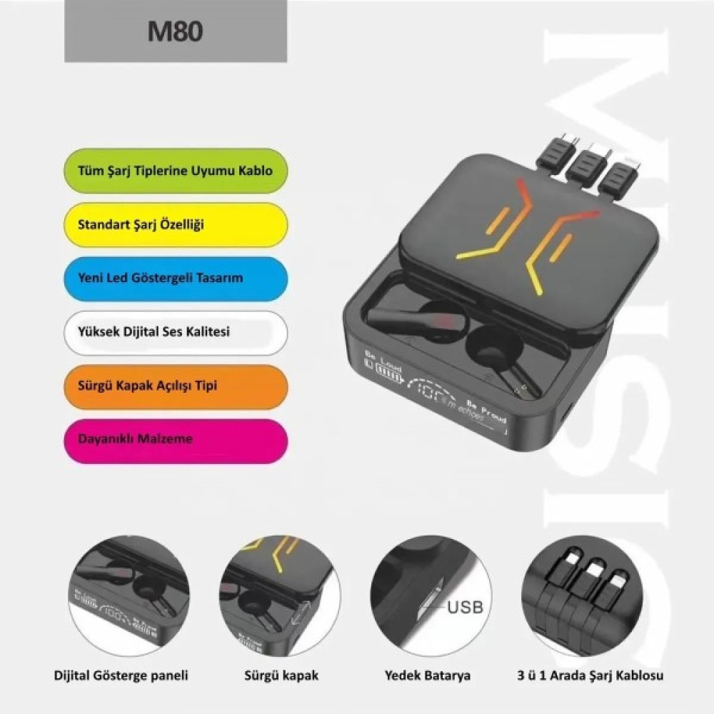 Salile M80 Dahili Powerbank Özellikli Dijital Göstergeli Bluetooth Kulaklık Kendinden Kabloludur - Siyah Oto Boyaları Fiyatı