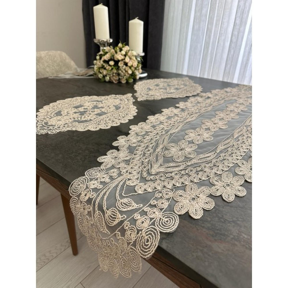 Salon Takımı 3 Parça Dantelli Masa Örtüsü Runner Seti - 35 x 115 cm - Sütlü Kahve Masa Örtüsü Fiyatı