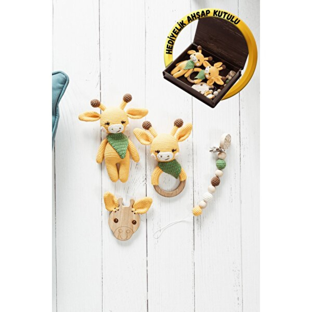 Saltan Art Sevimli Zürafa Amigurumi Emzik Zinciri Çıngırak Uyku Arkadaşı Diş Kaşıyıcı Amigurumi 4'lü Set Hediyelik Ahşap Kutulu Doğal Oyuncak Bebek Oyuncakları Fiyatı