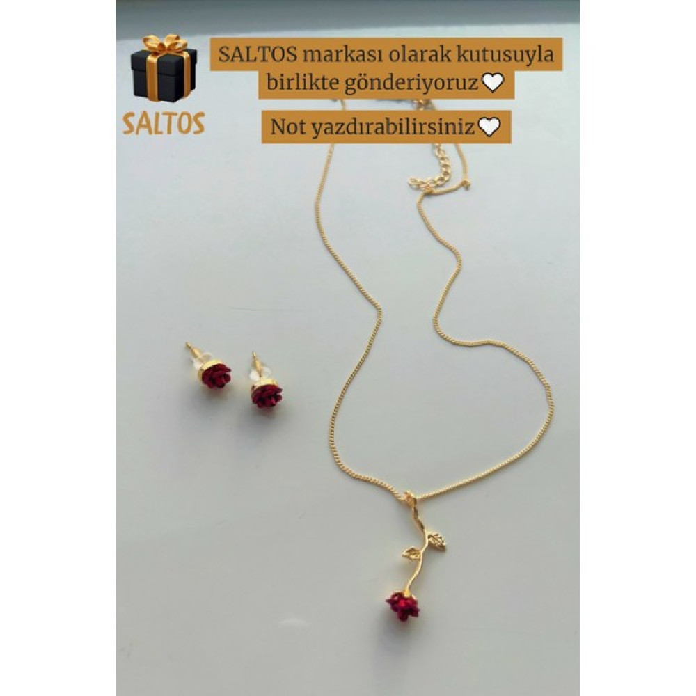 Saltos Kırmızı Güllü Gold Kolye Küpe Seti Doğum Günü Hediyesi Gül Gold Kadın Kolye ve Küpe Seti Sevgili Gül Altın, Takı & Aksesuar Fiyatı