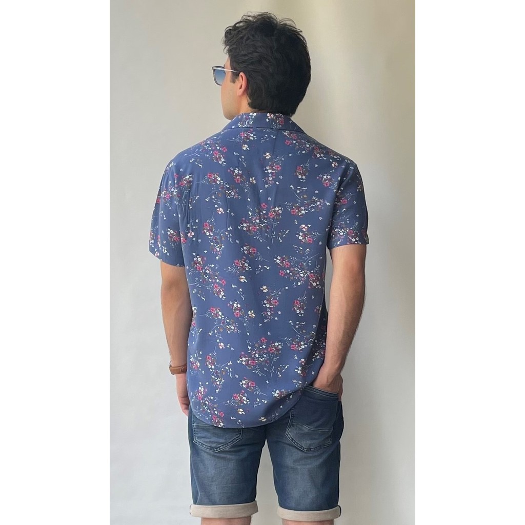 Salve Regular Fit Kısa Kollu Apaj Yaka Koyu Mavi Çiçek Desenli Gömlek 22709 Giyim & İç Giyim Fiyatı