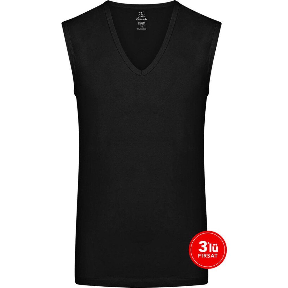 Sam Erkek Modal Derin V Yaka Kolsuz Tshirt 3'lü Paket - Siyah Erkek Atlet / Fanila Fiyatı