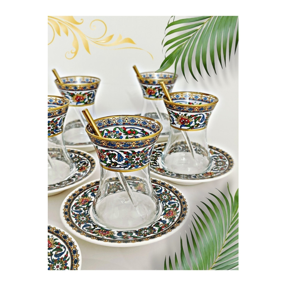 SAMSA Altın Bitkisel Çini Desenli Cam Porselen 6 Kişilik Çay Seti Tea Set For 6 Persons Premium Porcelain Mutfak Gereçleri Fiyatı