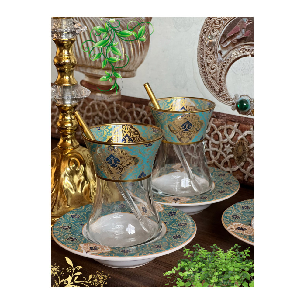 SAMSA Altın Yeşil Desen Işlemeli 6 Kişilik Cam Porselen Çay Seti Tea Set For 6 Persons Premium Porcelain Fincan / Bardak / Kahve Takımı Fiyatı