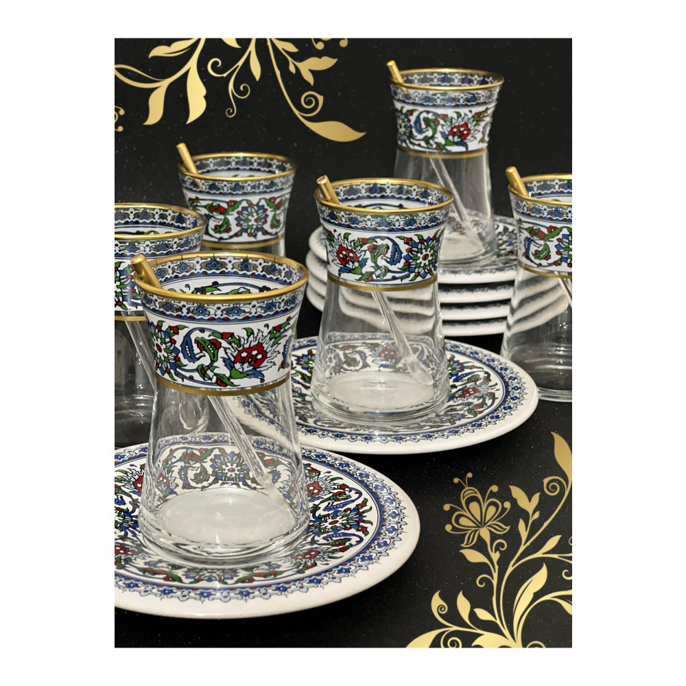 SAMSA Heybeli Altın Bitkisel Desenli Çini Motifli 6 Kişilik Çay Seti Tea Set For 6 Persons Fincan / Bardak / Kahve Takımı Fiyatı