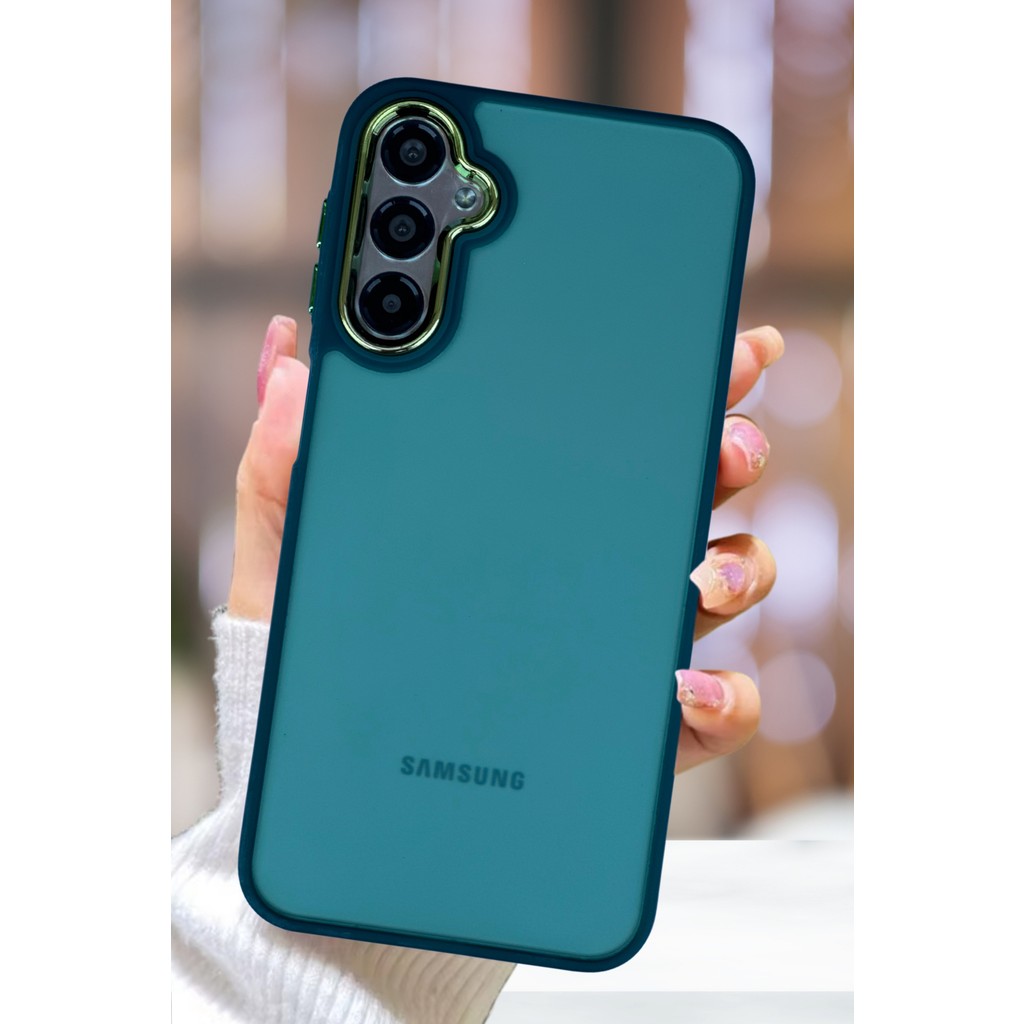 Samsung Galaxy A54 Kılıf Metal Çerçeve Hassas Butonlu Renkli Buzlu Şeffaf Kapak - Koyu Yeşil Cep Telefonu Kılıfı Fiyatı