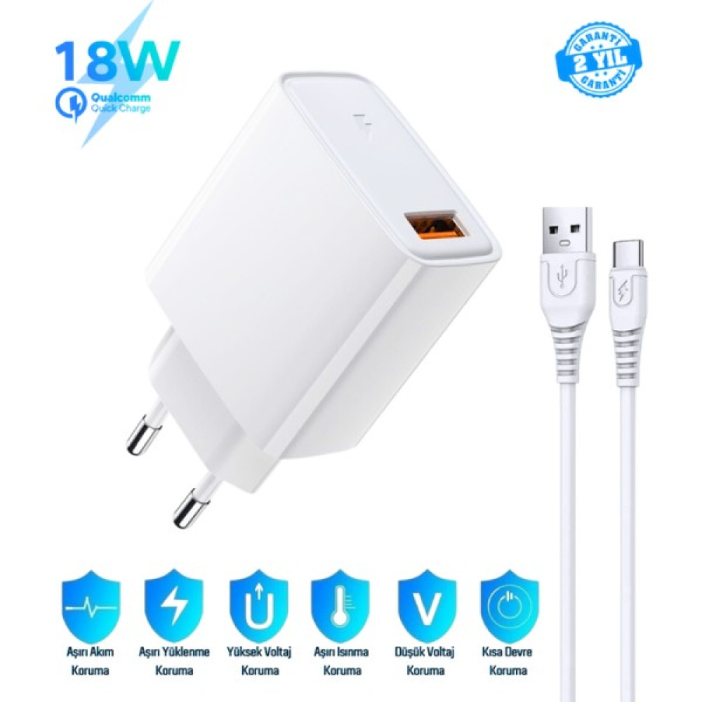 Samsung Galaxy Tab A8 Uyumlu 18W 3.4A Type-C Ultra Hızlı Şarj Cihazı / Şarj Aleti Seti (Adaptör+Kablo) - Ithalatçı Garantili - Beyaz Cep Telefonu Şarj Cihazı Fiyatı