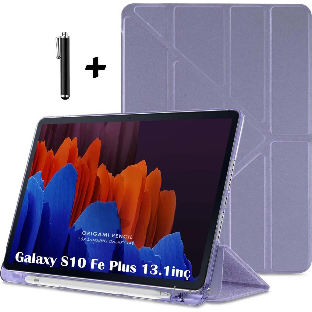 Samsung Galaxy Tab S10 Fe Plus 13.1 Inç 2025 Kılıf Kalem Bölmeli Katlanabilir Standlı Yumuşak Silikon Kapak + Dokunmatik Kalem Set SM-X620 X620B - Mor Tablet Kılıfı Fiyatı