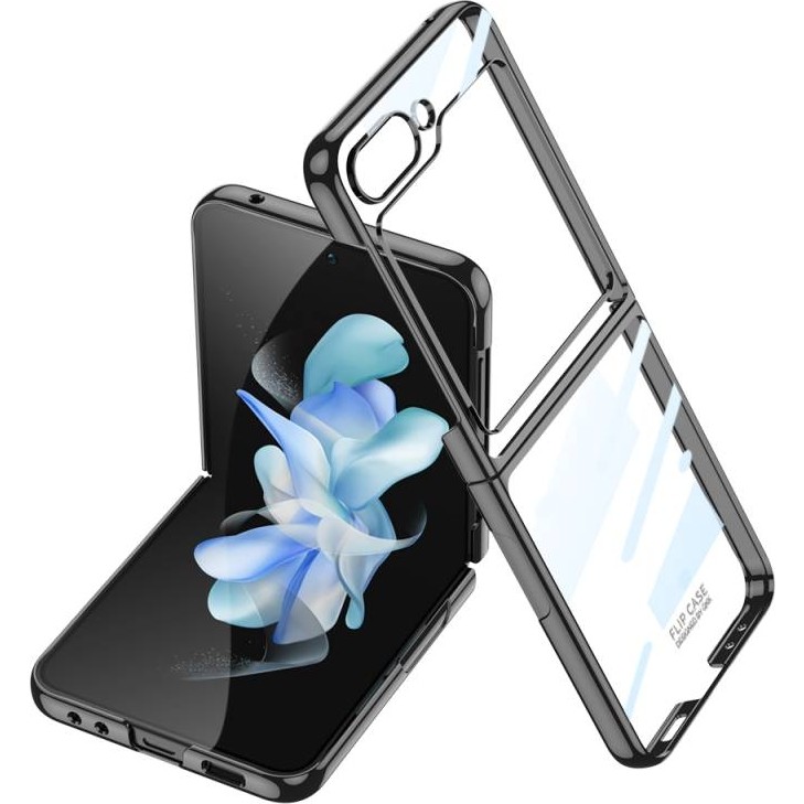 Samsung Galaxy Z Flip 5 ile Uyumlu Metal Görünümlü Kamera Lens Korumalı Telefon Kılıfı Kapak - Siyah Cep Telefonu Kılıfı Fiyatı