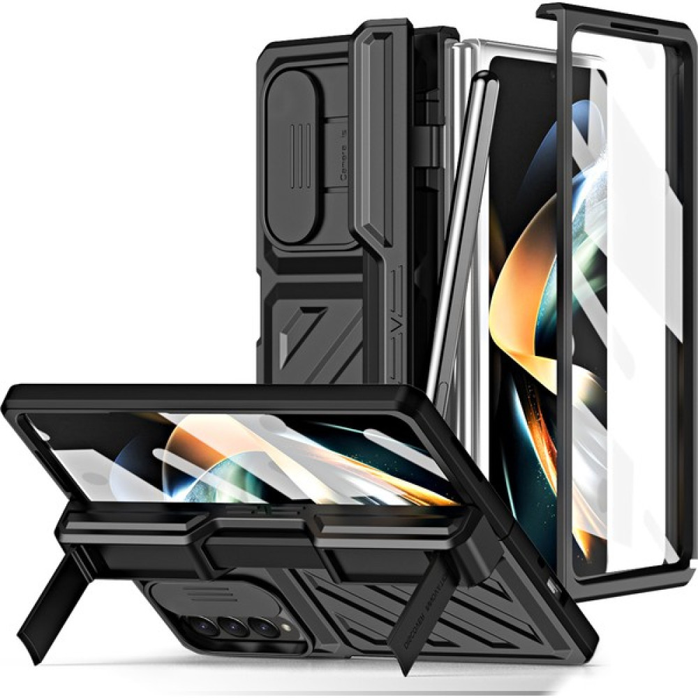 Samsung Galaxy Z Fold4 5g Kickstand Pc Telefon Kılıfı Slayt Kamera Koruması Damgalı Kapak / Stylus (Yurt Dışından) - Siyah Cep Telefonu Kılıfı Fiyatı