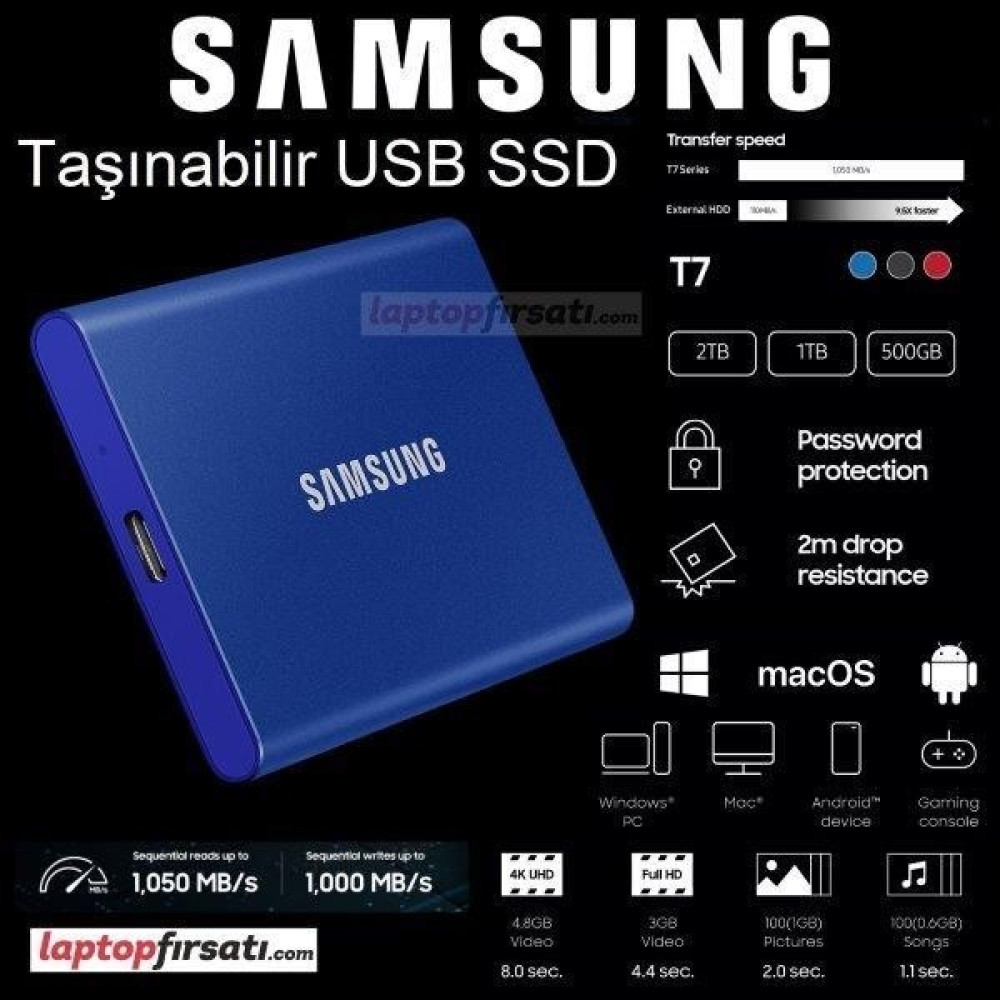 Samsung T7 2tb MU-PC2T0H/WW 1050MB-1000MB/SN USB 3.2 Gen2 Harici SSD Mavi 3 Yıl Samsung Turkıye Garantili SSD / Solid State Drive Fiyatı