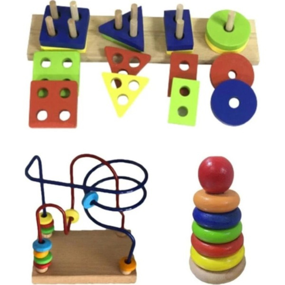 Samtoys Ahşap 3'lü Set Halka Kule - Mini Helezon ve Dörtlü Geçmeli Geometrik Eğitici Set Bebek Oyuncakları Fiyatı
