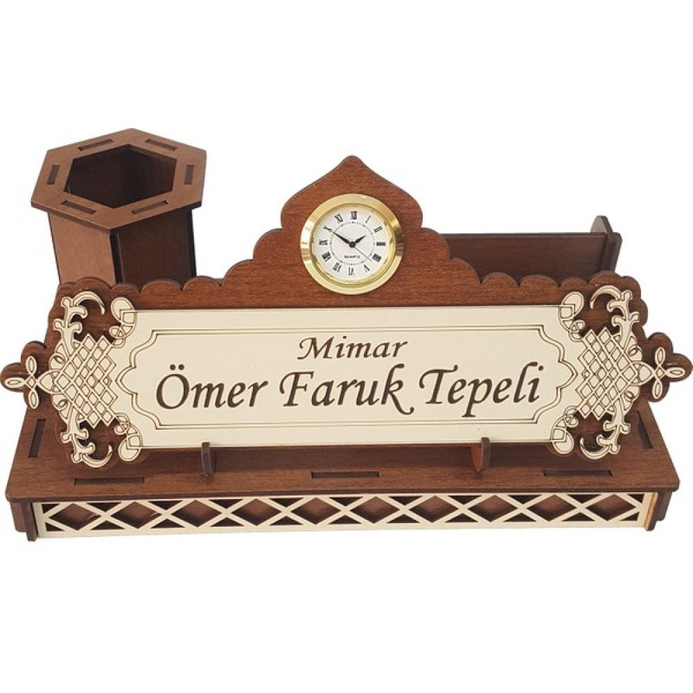 Sanat Hediyelik Kişiye Özel Saatli Ahşap Masa Üstü İsimlik Seti / Babalar günü Ofis Malzemeleri Fiyatı