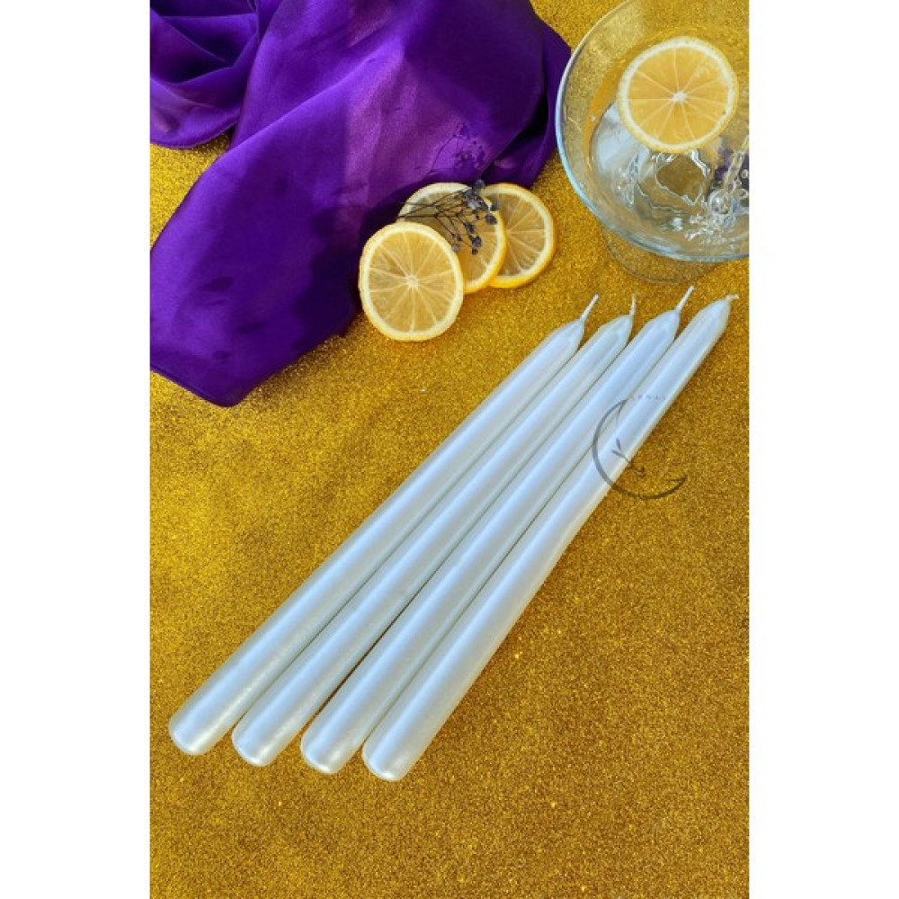 Sanat Sepet İşleri Premium Seri Kokulu Beyaz Rengi Sedefli Konik Şamdan Mum 4'lü Set Dekoratif Mum Fiyatı
