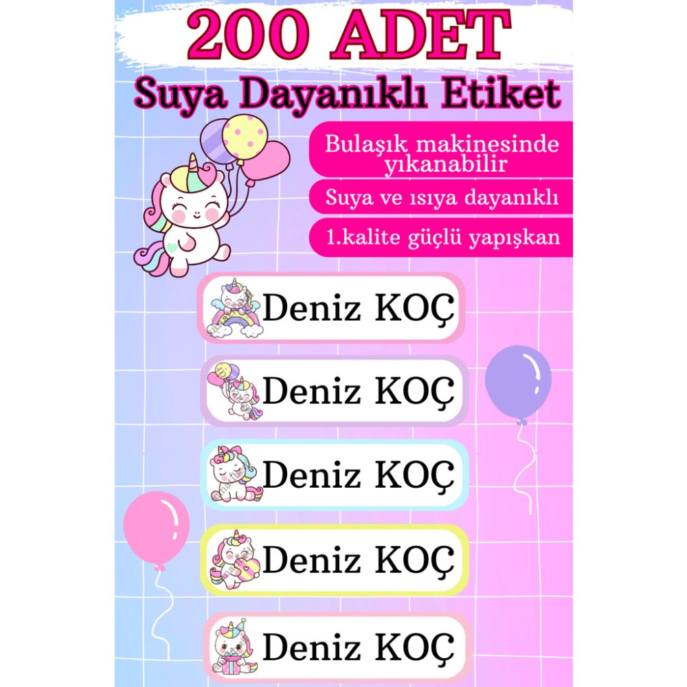 Sanatıbedi 200 Adet Suya Dayanıklı Kişiye Özel Unicorn Temalı Okul Etiketi- Defter Kalem Kitap Suluk Için Sticker Okul Etiketi Fiyatı