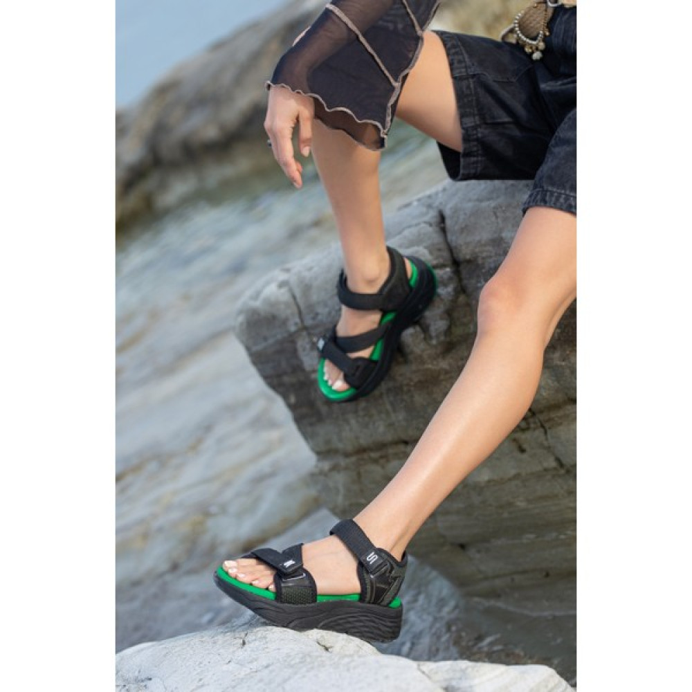Sandal Spor Kadın Günlük Faylon Dolgu Taban Cırtlı Spor Günlük Sandalet SS001-0148 Siyah Yeşil Kadın Terlikleri ve Sandaletleri Fiyatı