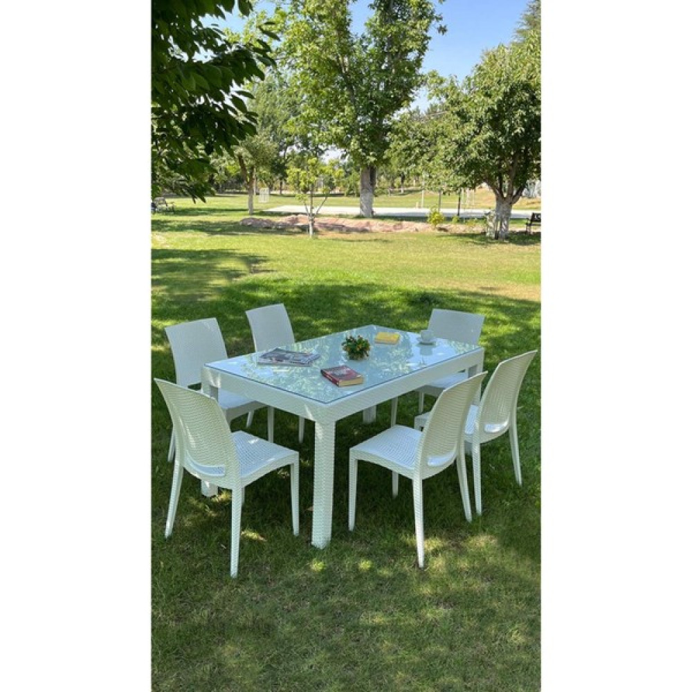 Sandalie Rattan Large Camlı Beyaz Masa Takımı Bahçe&balkon 1 Camlı Masa + 6 Sandalye Bahçe Mobilyası Takımı Fiyatı